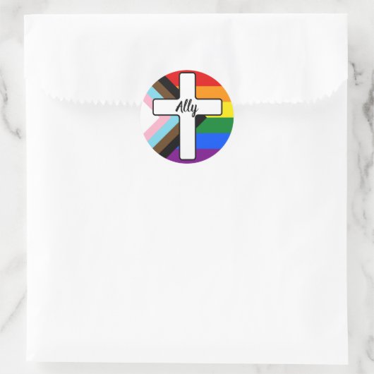 Rainbow Cross Progress Pride Flag Ally ラウンドシール (バッグ)