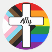 Rainbow Cross Progress Pride Flag Ally ラウンドシール (正面)