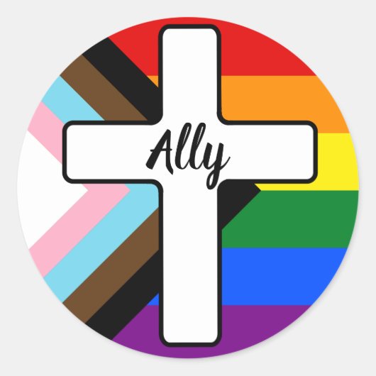 Rainbow Cross Progress Pride Flag Ally ラウンドシール (正面)