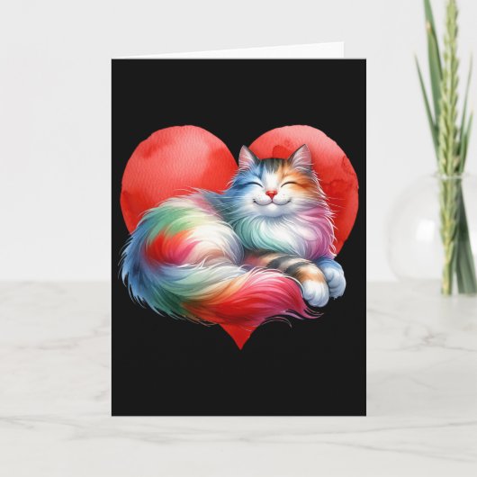 Rainbow Cute Cat Hugging Heart Kitty Love Cat Vale カード (正面)