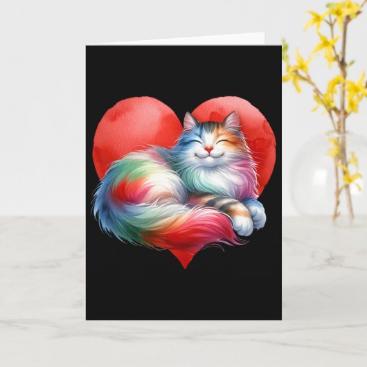 Rainbow Cute Cat Hugging Heart Kitty Love Cat Vale カード (黄色い花)