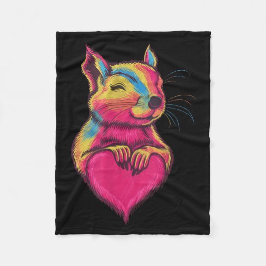 Rainbow Cute Squirrel Hugging Valentine Heart Love フリースブランケット (正面)