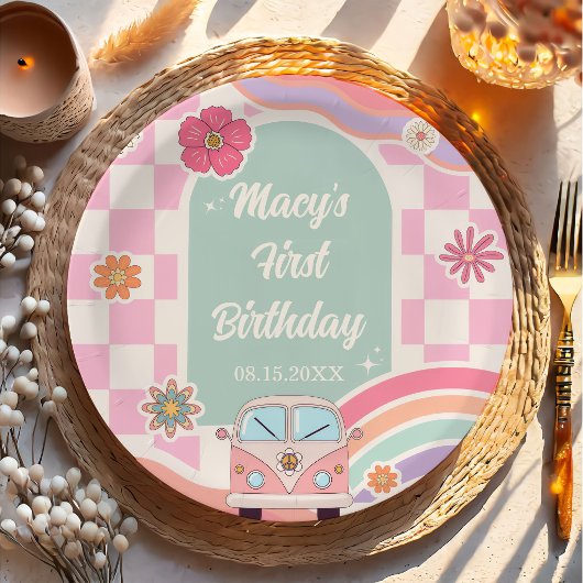 Rainbow Daisy Floral Car Birthday Paper Plate ペーパープレート