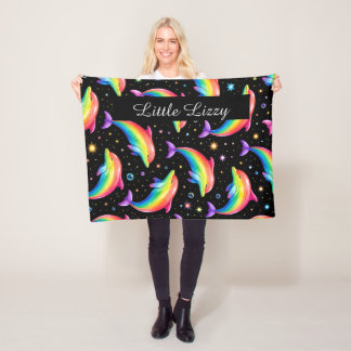 Rainbow Dolphin Fleece Blanket – Kids Custom Name フリースブランケット