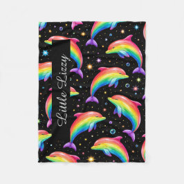 Rainbow Dolphin Fleece Blanket – Kids Custom Name フリースブランケット