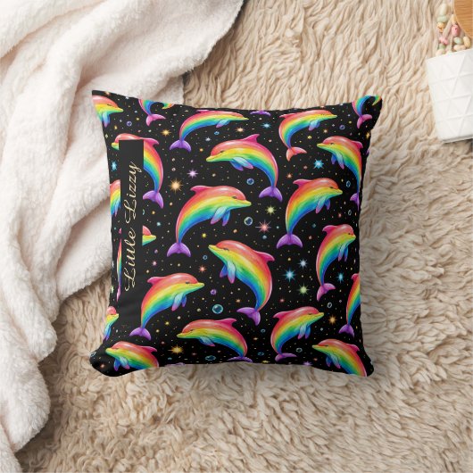 Rainbow Dolphin Throw Pillow – Customizable Name クッション (ブランケット)