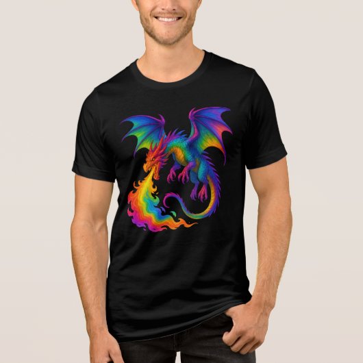 Rainbow dragon breathing colorful flames fantasy トライブレンドＴシャツ (正面)