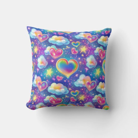 Rainbow Dreamy Hearts Throw Pillow クッション (正面)