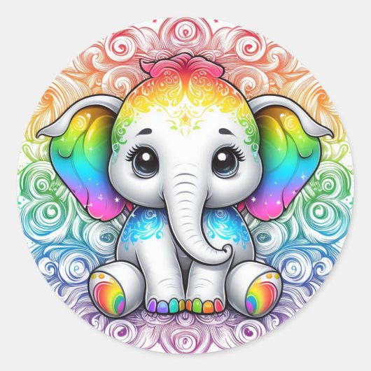 Rainbow elephant stickers large ラウンドシール (正面)