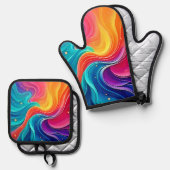 Rainbow Energy Swirl: Vibrant Flow Art 鍋つかみ&鍋敷きセット (正面/裏面)