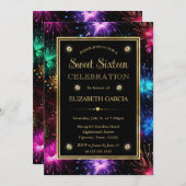 Rainbow FireworksエレガントフレームSweet sixteen 招待状 (正面/裏面)