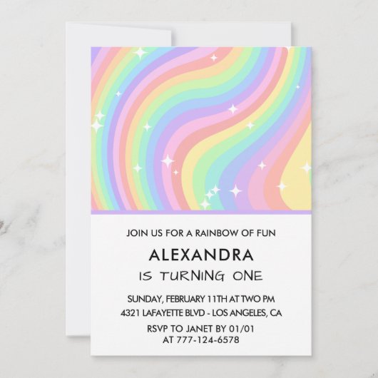 Rainbow First Birthday Modern Girl 招待状 (正面)