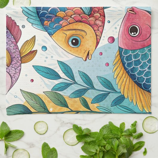 Rainbow Fish in Underwater キッチンタオル (折り畳み)