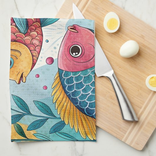 Rainbow Fish in Underwater キッチンタオル (四つ折り)