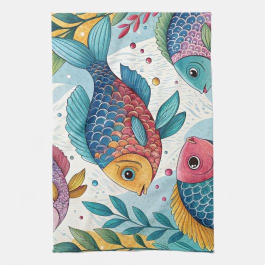 Rainbow Fish in Underwater キッチンタオル (縦)