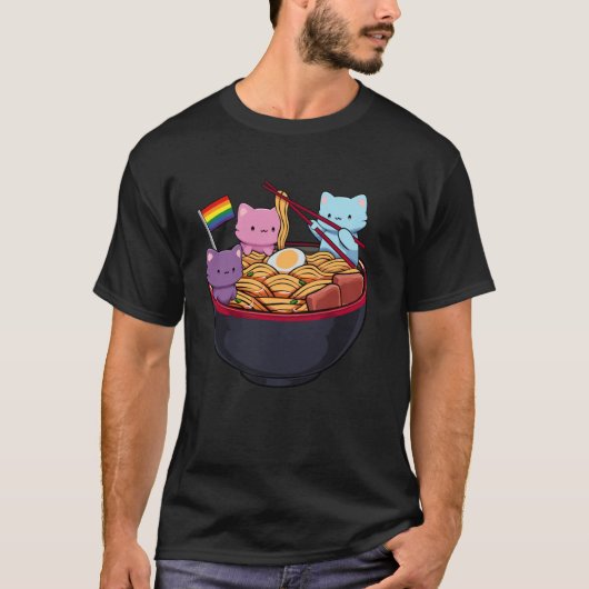 Rainbow Flag Cats Ramen Anime Gay Pride Month LGBT Tシャツ (正面)