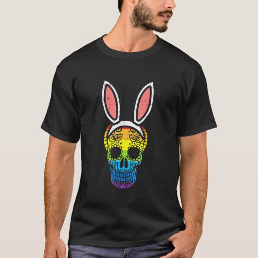 Rainbow Flag Sugar Skull Bunny Ears Easter Gay Tシャツ (正面)