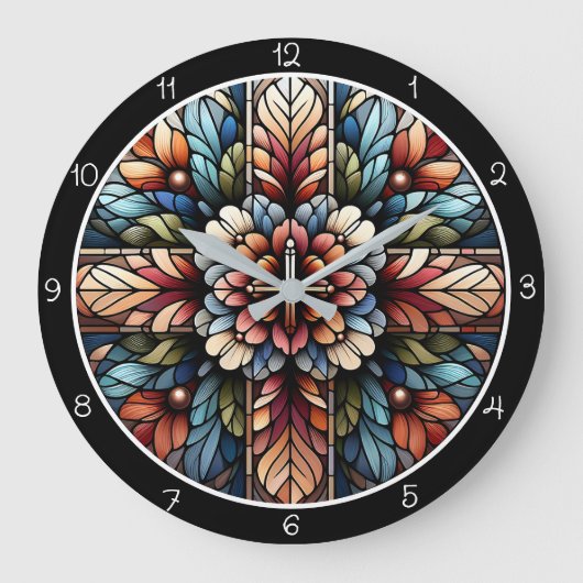 Rainbow Floral Stained Glass Cross  ラージ壁時計 (正面)
