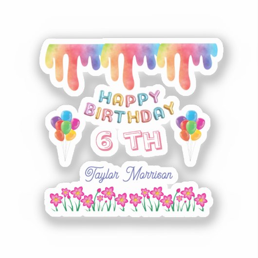 Rainbow Flowers Happy Birthday Square Sticker シール (正面)