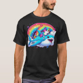 Rainbow Galaxy Cat Riding Shark in Space funny Cat Tシャツ (正面)