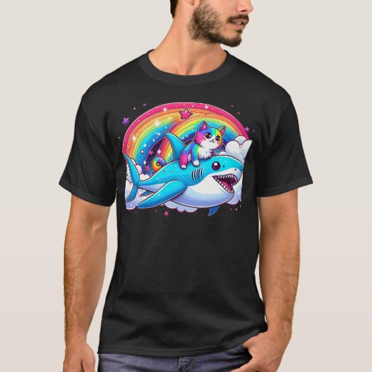 Rainbow Galaxy Cat Riding Shark in Space funny Cat Tシャツ (正面)