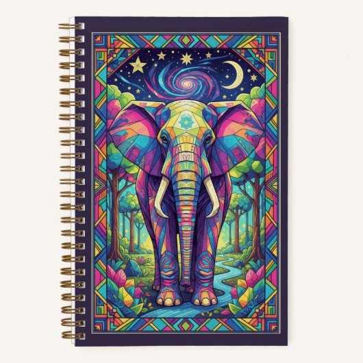 Rainbow Geometric Elephant Cosmic Forest Journal ノートブック (正面)