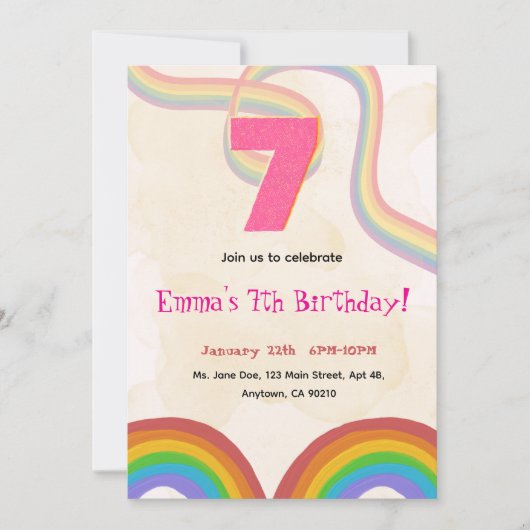 Rainbow Girl 7th Birthday Invitation 招待状 (正面)