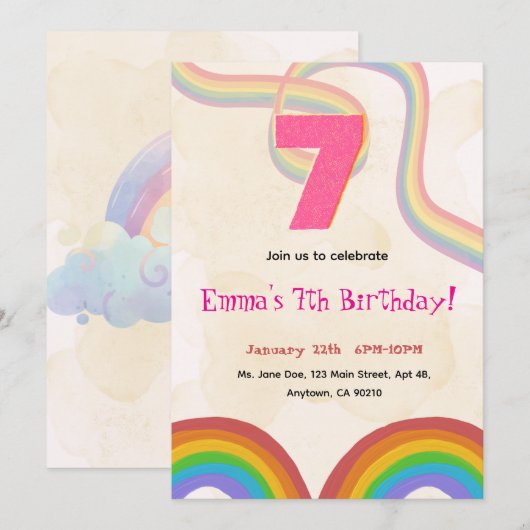 Rainbow Girl 7th Birthday Invitation 招待状 (正面/裏面)