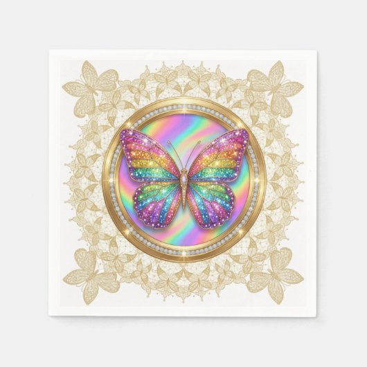 Rainbow Glitter Butterfly Elegant Lace Party スタンダードカクテルナプキン (正面)