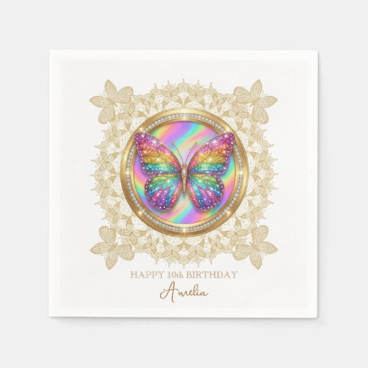 Rainbow Glitter Butterfly Elegant Lace Party スタンダードカクテルナプキン (正面)