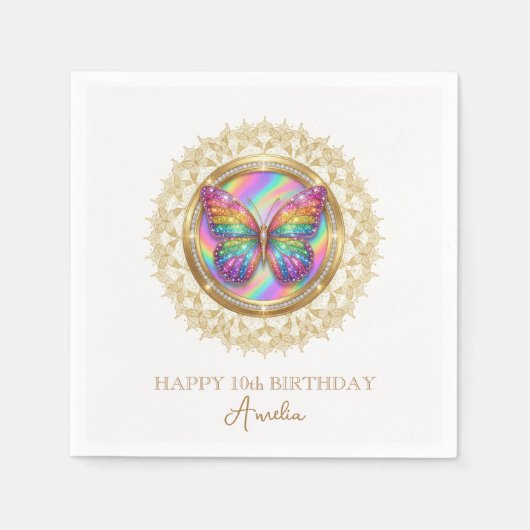 Rainbow Glitter Butterfly Elegant Lace Party スタンダードカクテルナプキン (正面)
