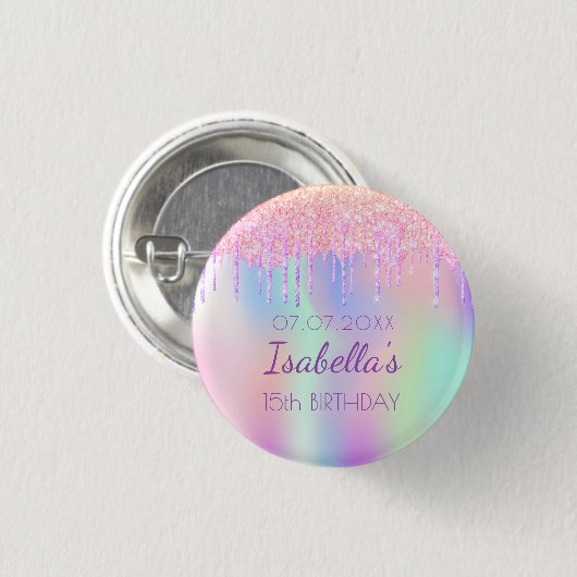 Rainbow glitter pink name monogram 缶バッジ (正面&裏面)
