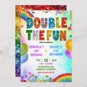 Rainbow Glitter Sequin Sibling Birthday Invitation 招待状 (正面/裏面)