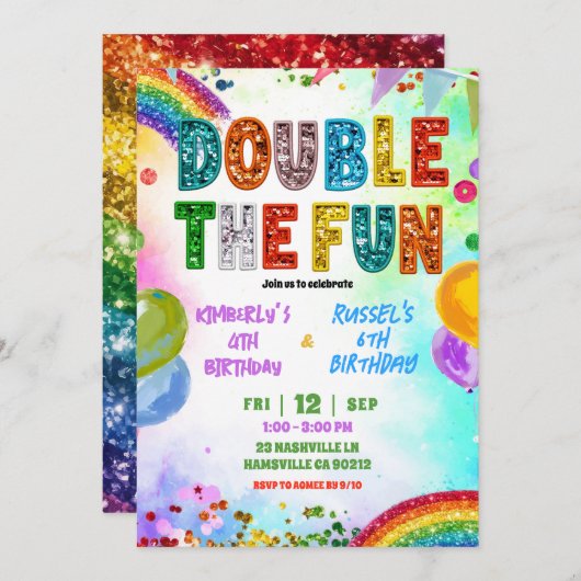 Rainbow Glitter Sequin Sibling Birthday Invitation 招待状 (正面/裏面)