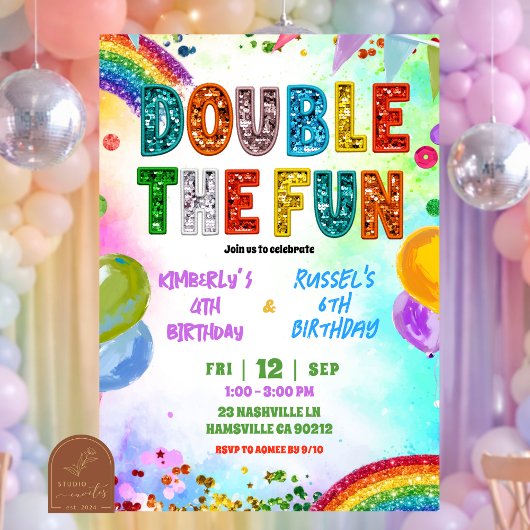 Rainbow Glitter Sequin Sibling Birthday Invitation 招待状