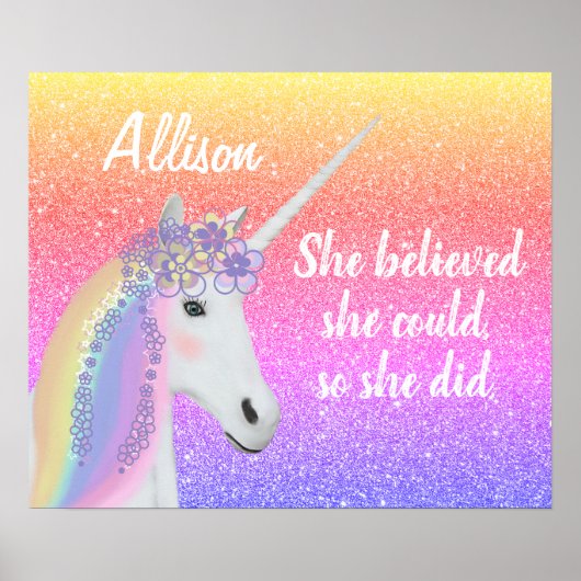 Rainbow Glitter Unicorn Girls Personalized ポスター (正面)