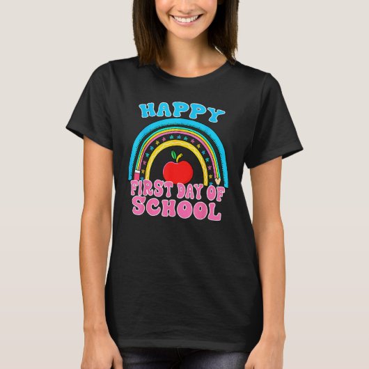 Rainbow Happy First Day Of School Teacher Kid Back Tシャツ (正面)
