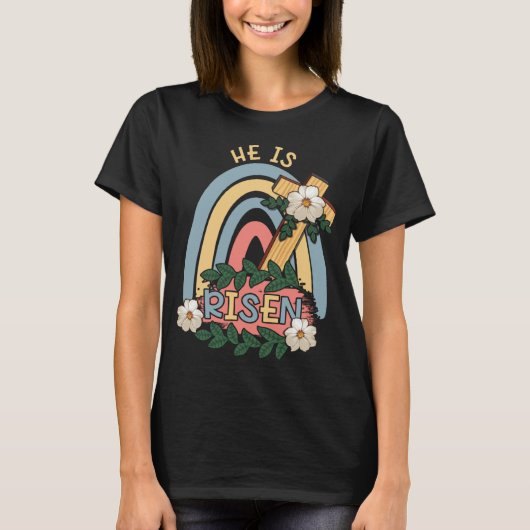 Rainbow He Risen Religous Easter Sunday Christ Cro Tシャツ (正面)