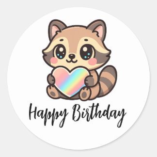 Rainbow Heart Happy Kawaii Raccoon Happy Birthday ラウンドシール