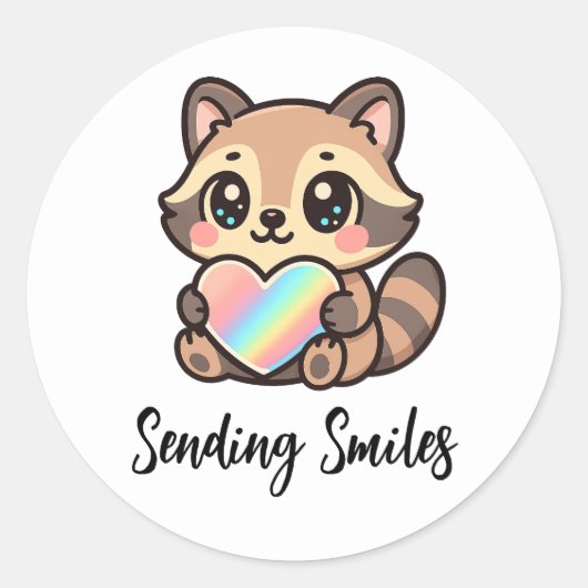 Rainbow Heart Happy Kawaii Raccoon Sending Smiles ラウンドシール (正面)