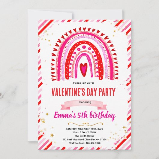 Rainbow Hearts Valentine party invitation 招待状 (正面)