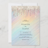 Rainbow holographic gold glitter drips Wedding 招待状 (正面)