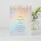Rainbow holographic gold glitter drips Wedding 招待状 (スタンド正面)