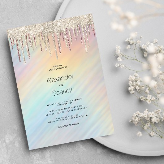 Rainbow holographic gold glitter drips Wedding 招待状