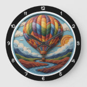 Rainbow Hot Air Balloon Over River ラージ壁時計 (正面)