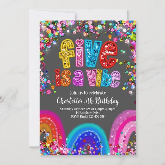 Rainbow Invitation, 5th Birthday Cute Bright 招待状 (正面)