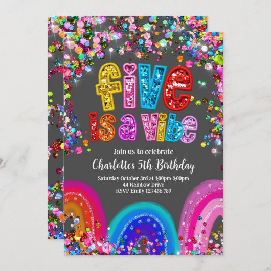 Rainbow Invitation, 5th Birthday Cute Bright 招待状 (正面/裏面)