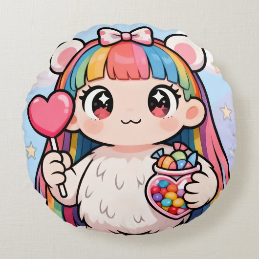 Rainbow Kawaii Bear Round Cushion ラウンドクッション (正面)