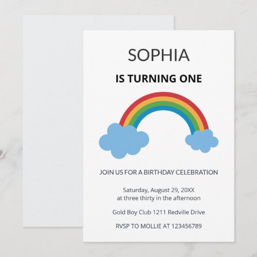 Rainbow Kids First Birthday Party 招待状 (正面/裏面)