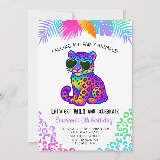 Rainbow Leopard Party Animals Birthday Invitation 招待状 (正面)